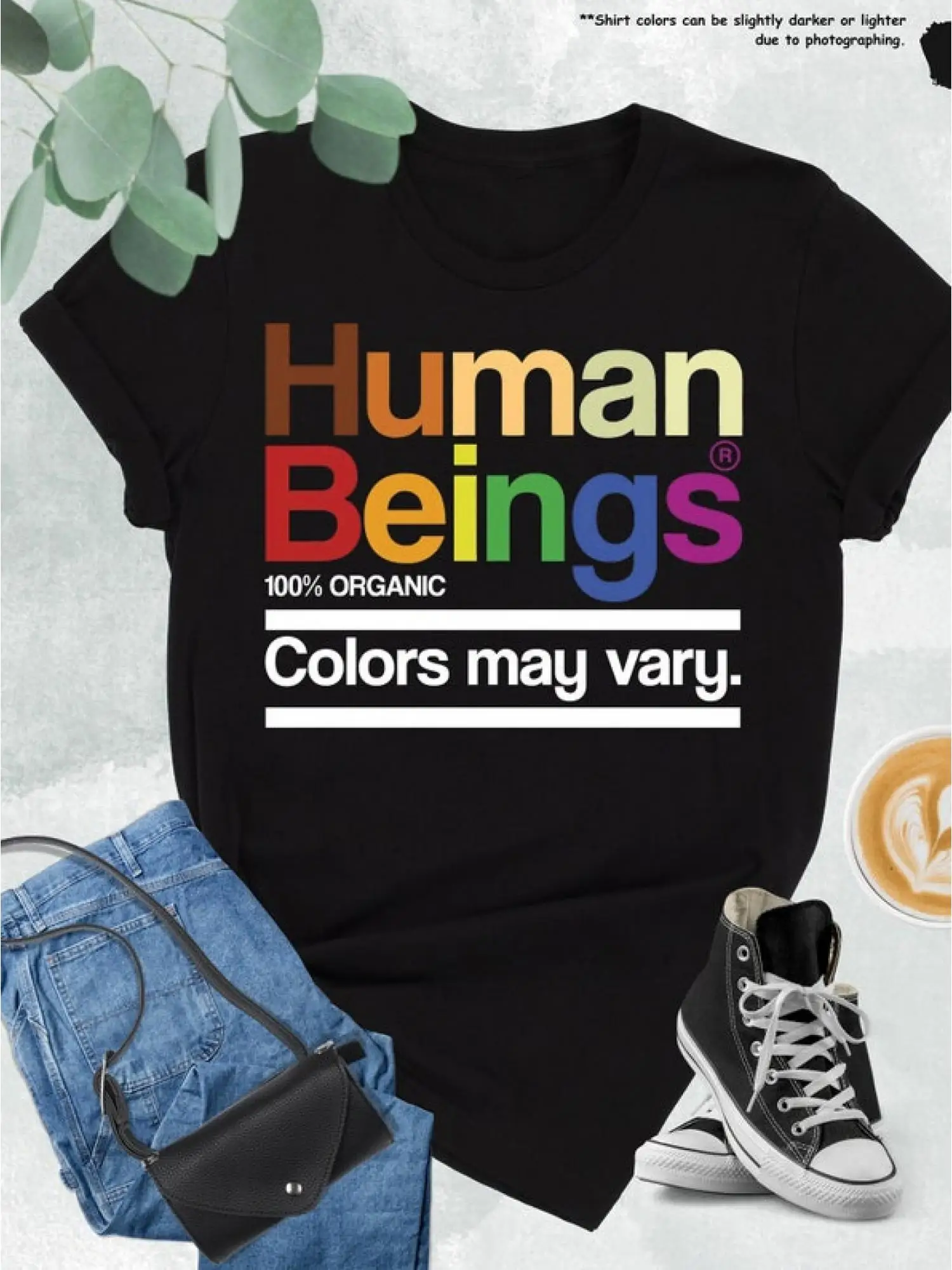 [Equality Graphic Tee] Men's Human Beings Colors May Vary Graphic T-Shirt - Black Crewneck Tee with Rainbow Human Emblem | Equality, Human Rights Shirt, Casual Everyday Activist Apparel, Soft Everyday Top for Social Justice Advocacy, Bold Text