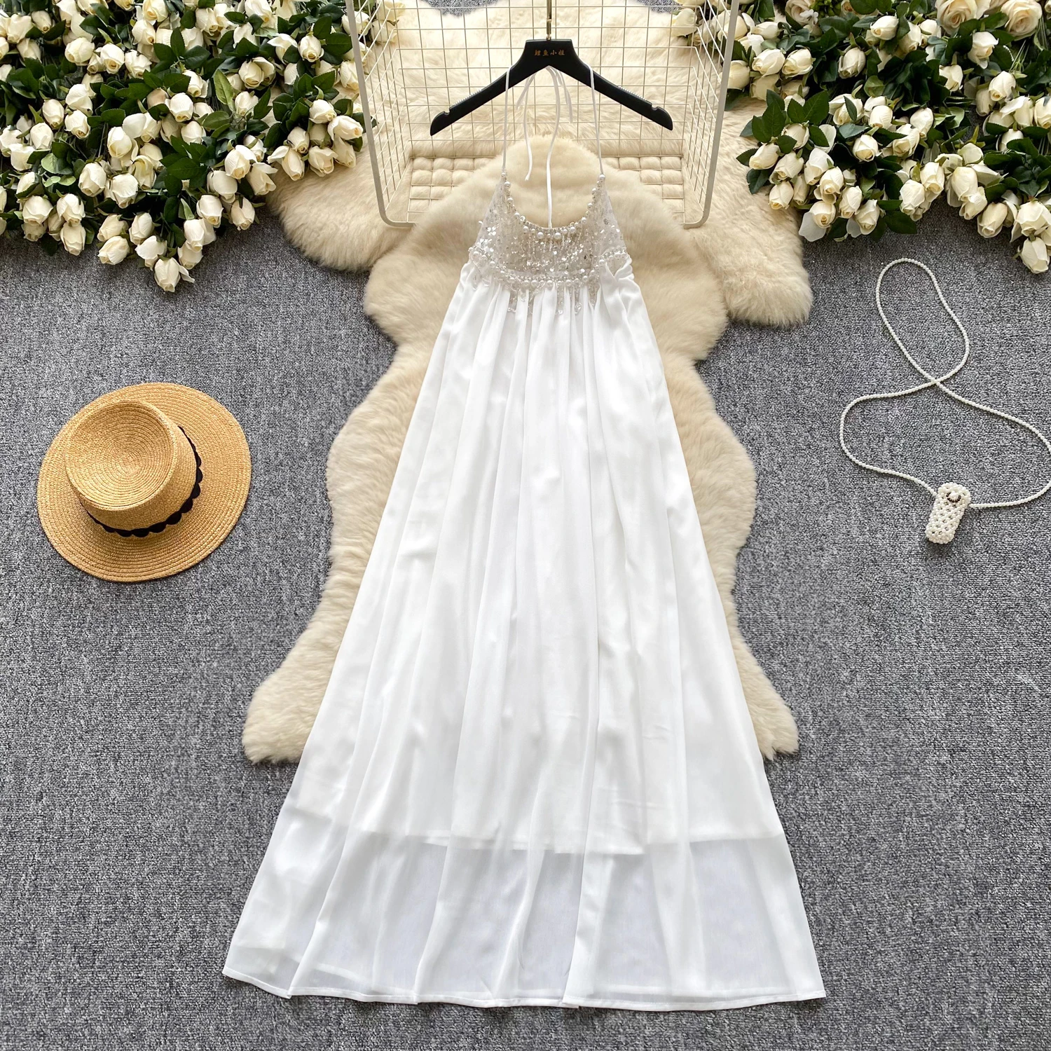 

Vintage sexy backless sleeveless Beading loose Dress Chic Summer Beach fairycore Vestidos Vacation women clothing