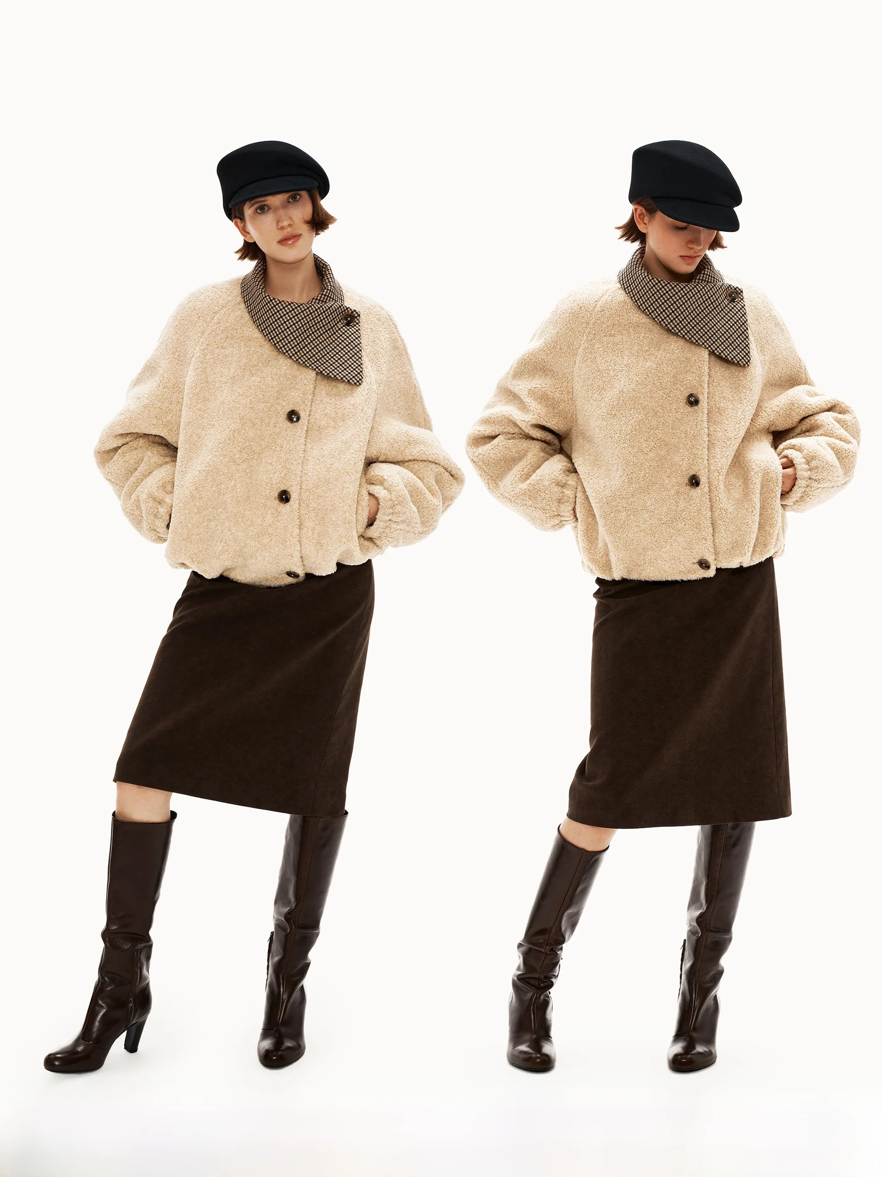 

Puki Mixed Wool Lamb Fur Collar Asymmetric Plaid Design Warm Fce Cotton Jaet Women's Faion Winter Coat PU25044