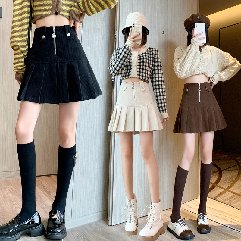 가을 겨울 코듀로이 플리츠 스커트 여성 하이웨이스트 지퍼 포켓 A라인 숏 스커트