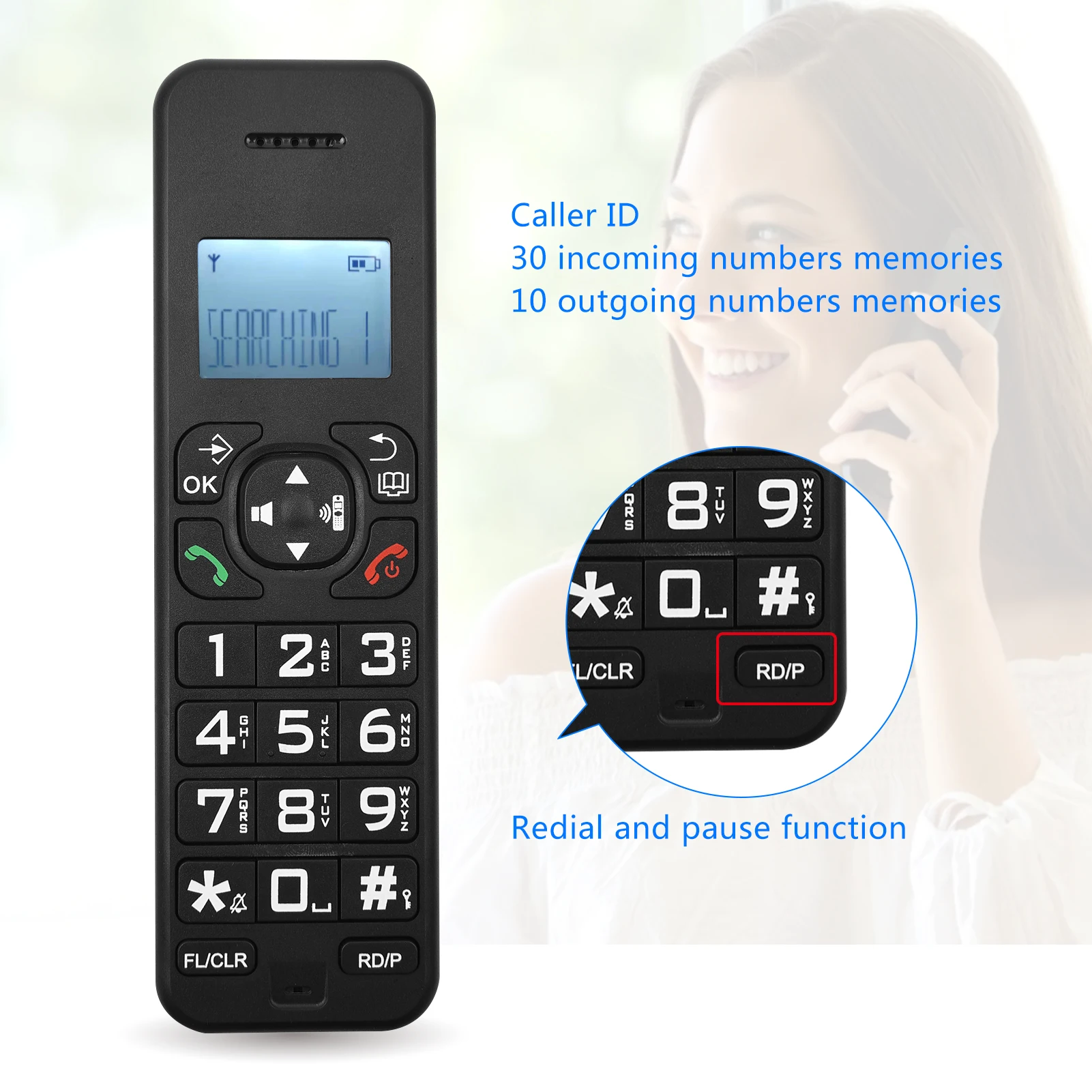 Cordless Phone Caller ID/Call Waiting 1.6 inch Backlight LCD 3 Lines Screen Display Rechargeable Batteries 16 Languages US PLUG