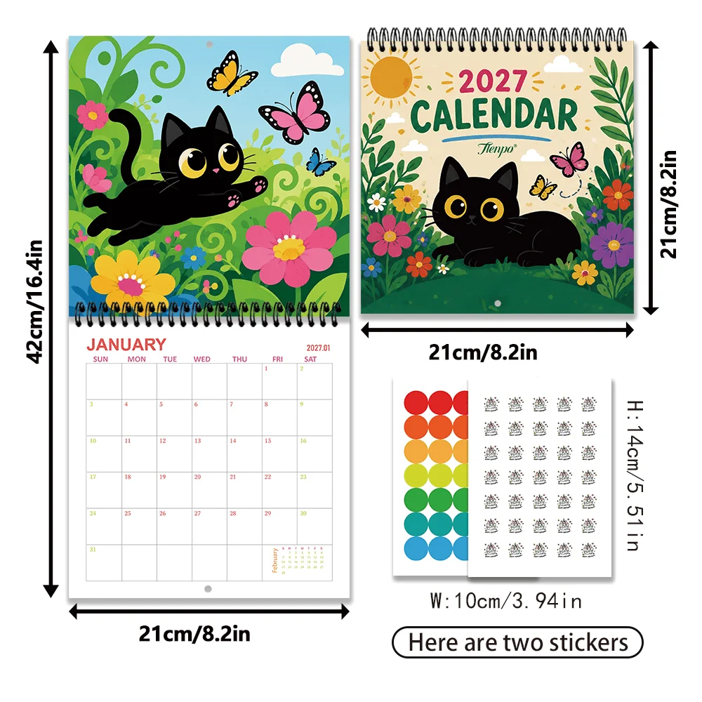 1pc 2027 Big Eyes Black Cat Wall Calendar,12‑Month Planner,Gift For Back‑to‑School,Christmas,New Year,Free Stickers Included