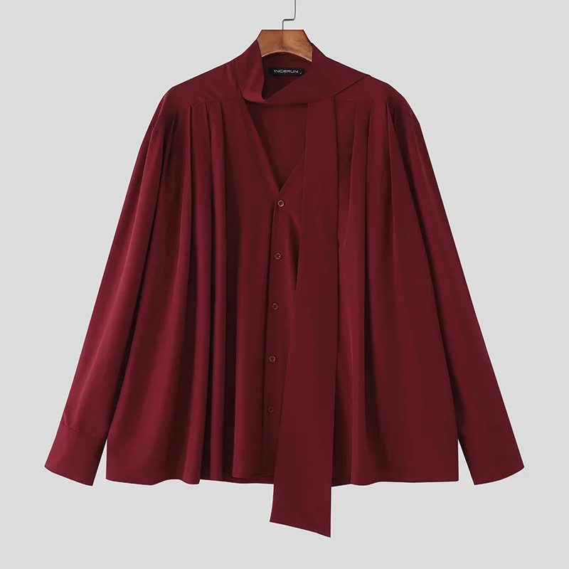 INCERUN الرجال قميص الصلبة الخامس الرقبة طويلة الأكمام مطوي فضفاض الرجال الملابس الشارع الشهير الكورية نمط موضة بلايز عادية الذكور القمصان #5