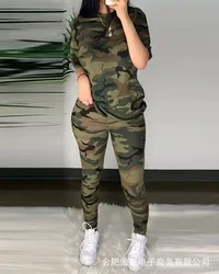 Conjuntos de duas peças estampados camuflados para mulheres, leggings compridas, roupas esportivas combinando, primavera, verão, outono