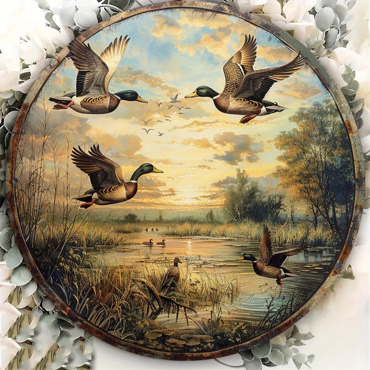 2D flaches, kreisförmiges Retro-Wandkunstschild aus Holz für eine Person – Mallard by the Red River Sonnenuntergangszene, Weihnachtsgeschenk