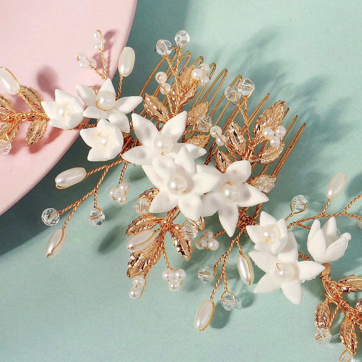 Elegante weiße Polymer Clay Blumen Damen Haarkämme Mode Kristall Perle Haarnadeln Braut Hochzeit Kopfschmuck Schmuck – Detail 26