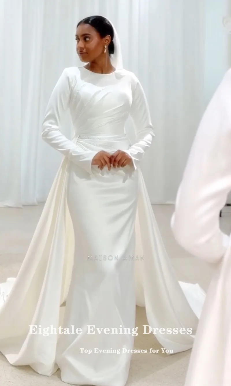 Eightale 아랍어 웨딩 드레스 페르시 진주 오-넥 맞춤형 새틴 화이트 아이보리 긴 소매 이슬람 신부 가운 Robe De Mariée