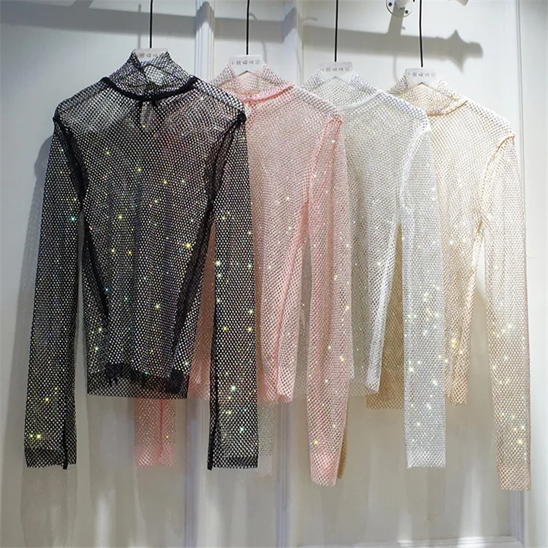 Rhinestones ผู้หญิงเพชร Turtelneck Tops & Tees รันเวย์ที่มีชื่อเสียงหรูหรายี่ห้อยุโรป Party เสื้อยืดสไตล์ Spoleras Mujer