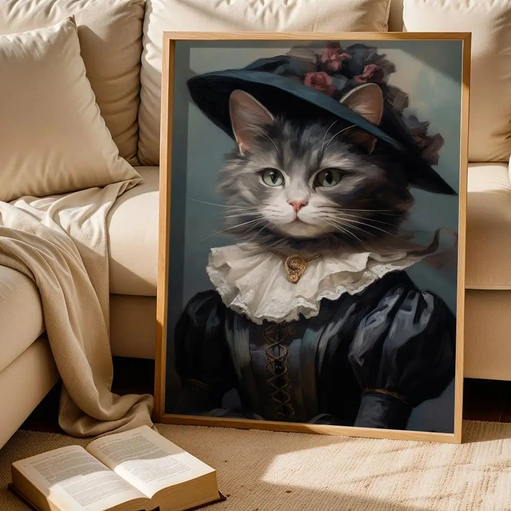 Renaissance Cat Portrait Black Cat Calligraphy Canvas Painting for Bedroom Living Room Home Decor Wall Decoration Decals Gift