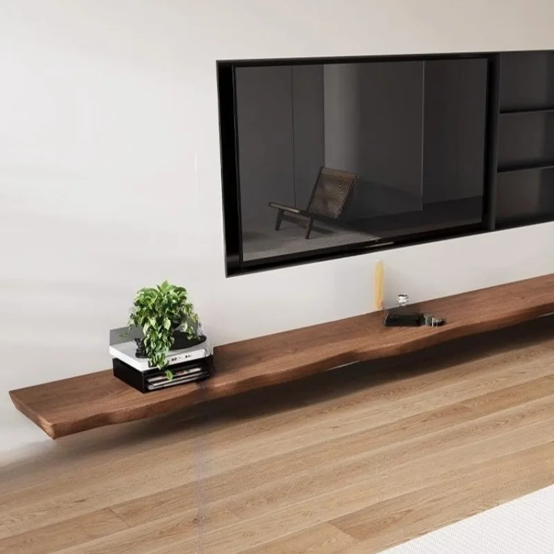 ‌Modern Floating Wooden TV Cabinet, Rustic Wall-Mounted Shelf with Solid Timber, Airbnb-Style Space-Saving Living Room Organizer