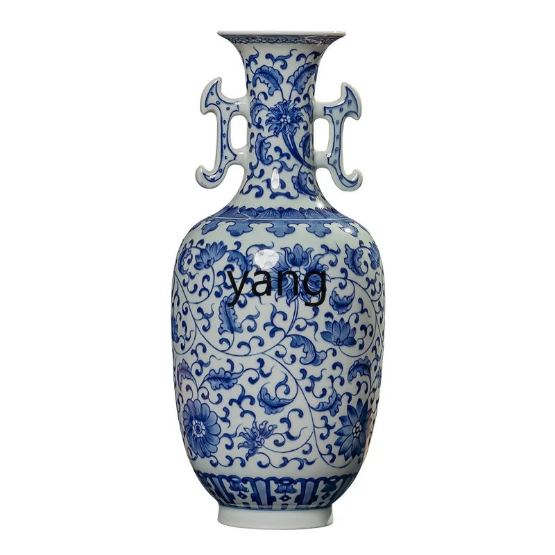 L'm'm Blue and White Porcelain Twine Double-Ears Bottle Chinese Retro Living Room Hallway Porcelain Furnishings Ornaments