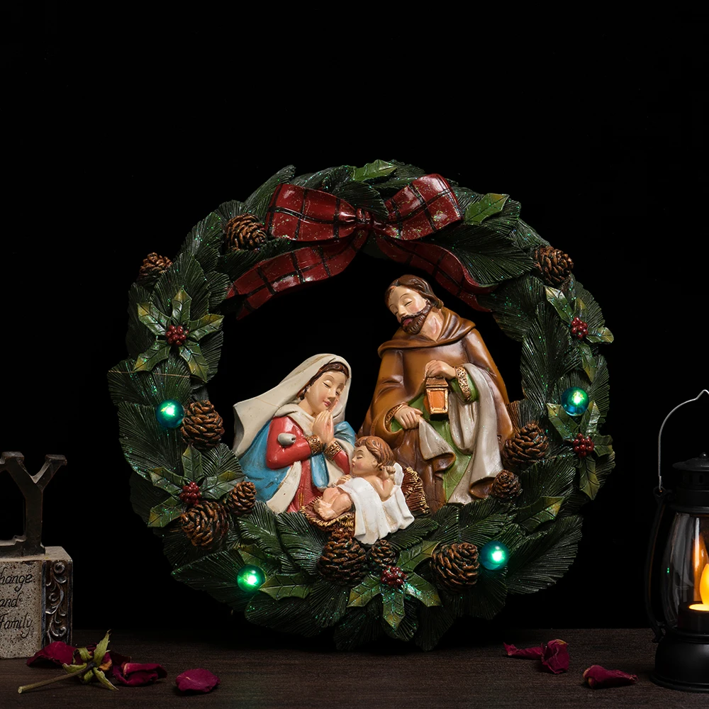 Vilead 32cm Nativity Wreath Wall Front Door Decoration Large Statue Christmas Tree Ornament Religious Xmas Decor Interior House