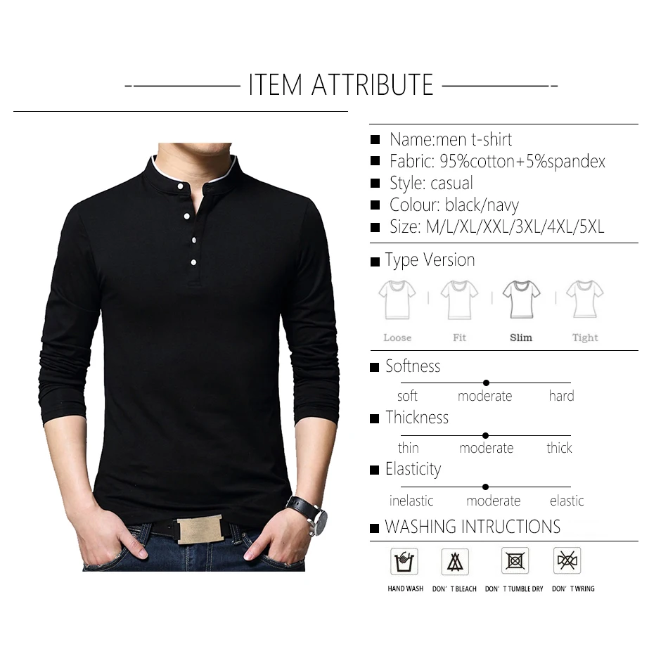 BROWON Brand Autumn Casual Mens T Shirts Fashion 2024 Sold Color Mandarin Collar Long Sleeve T-Shirt Luxury Plus Size M-5XL