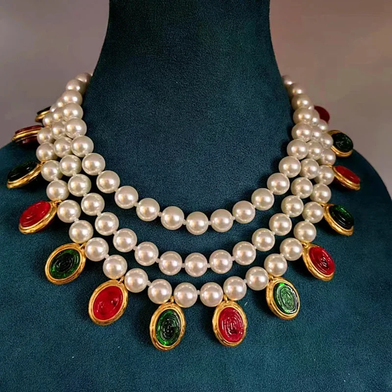 vintage medieval three layers of white glass pearl red green oval glass pendant heavy industry necklace female