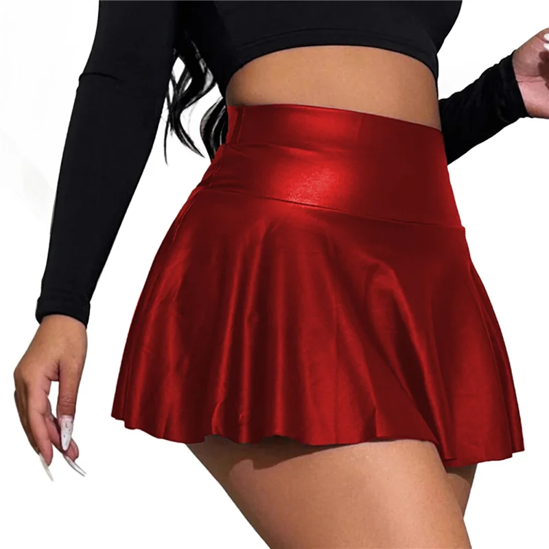 

A09P женские эластичные юбки с высокой талией из искусственной кожи, повседневные расклешенные юбки с рюшами и подолом, шорты