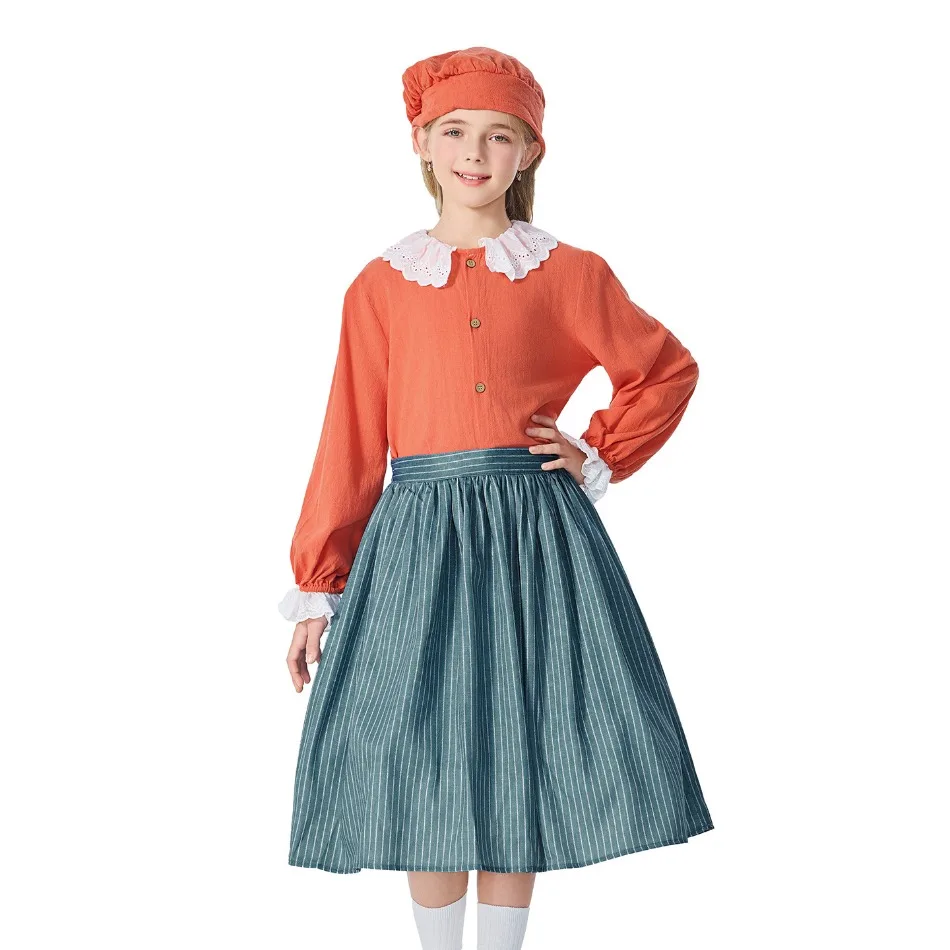 Girls Vintage Prairie Peasant Apron Dress Kids Country Farm Outfit School Play Character Dress Up Halloween Party Costume PS66
