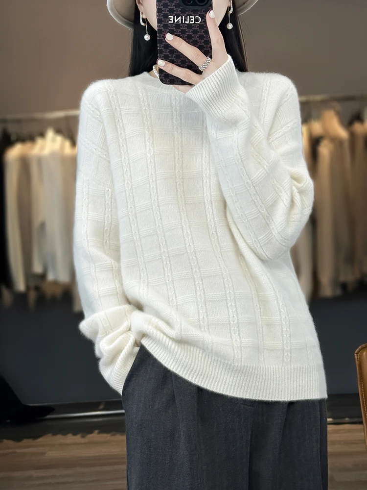 New Autumn Winter Cashmere Women’s O-neck Sweater Pullover Vintage Loose Plaid 100% Merino Wool Knitwear Comfort Popular Clothes