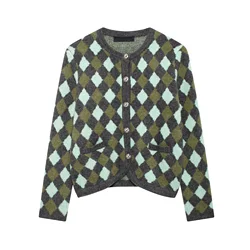 Tangada 2024 Women Elegant Plaid Cardigan Sweaters Buttons Long Sleeve Female Crop Jumper 3H0814