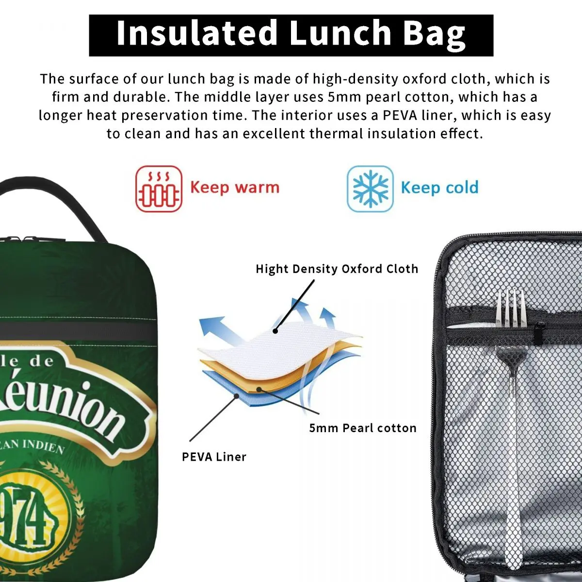 974 Reunion Island Insulated Lunch Bag Resuable Margouillat Isle Indian Ocean Thermal Cooler Lunch Tote Beach Camping Travel