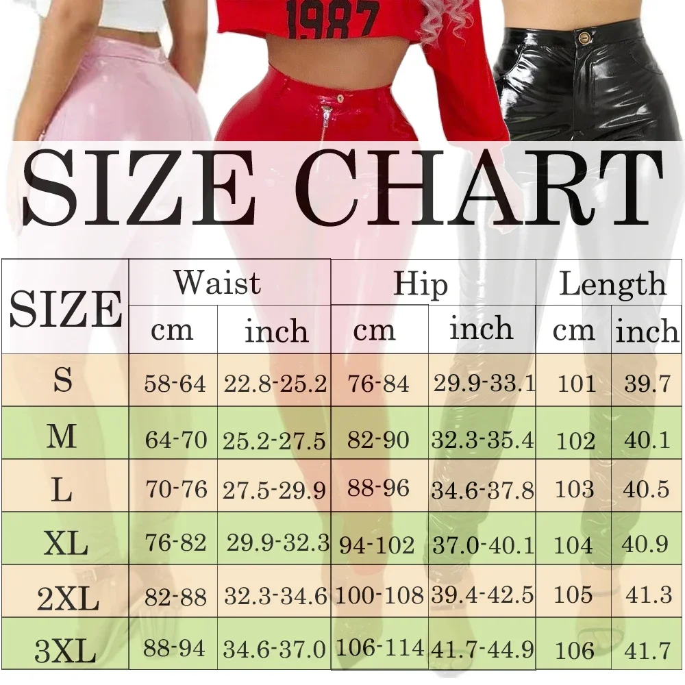 Women Faux Leather Leggings PVC Wet Look Skinny Pants Ladies Nightclub High Waist Latex Pencil Trousers Button Zippers Long Pant