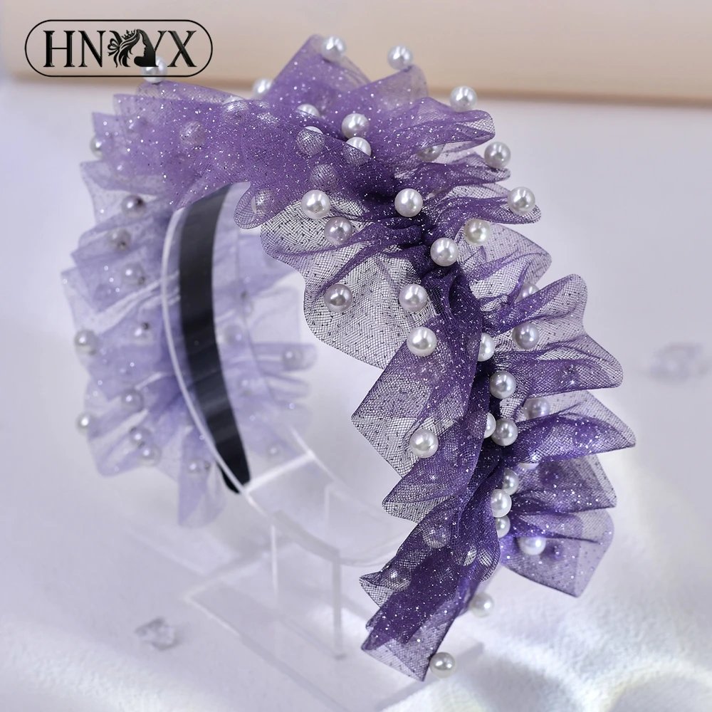 HNYYX Sweet Purple Color Tulle Pearl Headband Women Elegant Wedding Party Hair Accessory Handmade Exquisite Headband YXA90