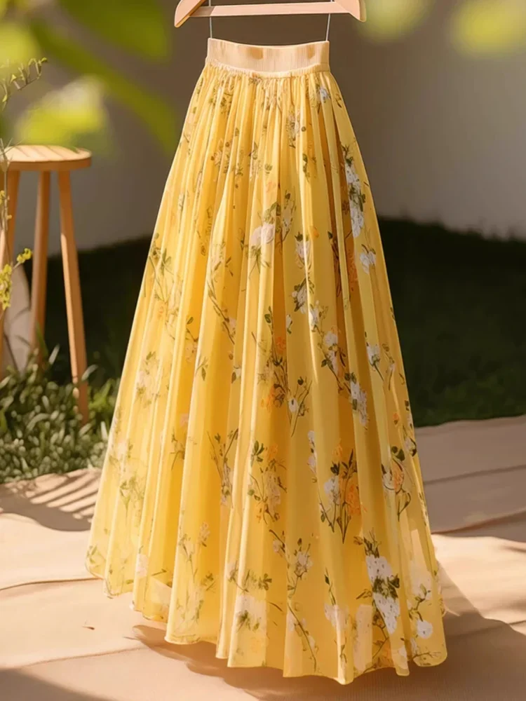 Korean Light Yellow Cute Floral Sweet Full Flowing Skirts Mid Length Pleated Skirt France Elegant Women Casual Vacation Dresses
