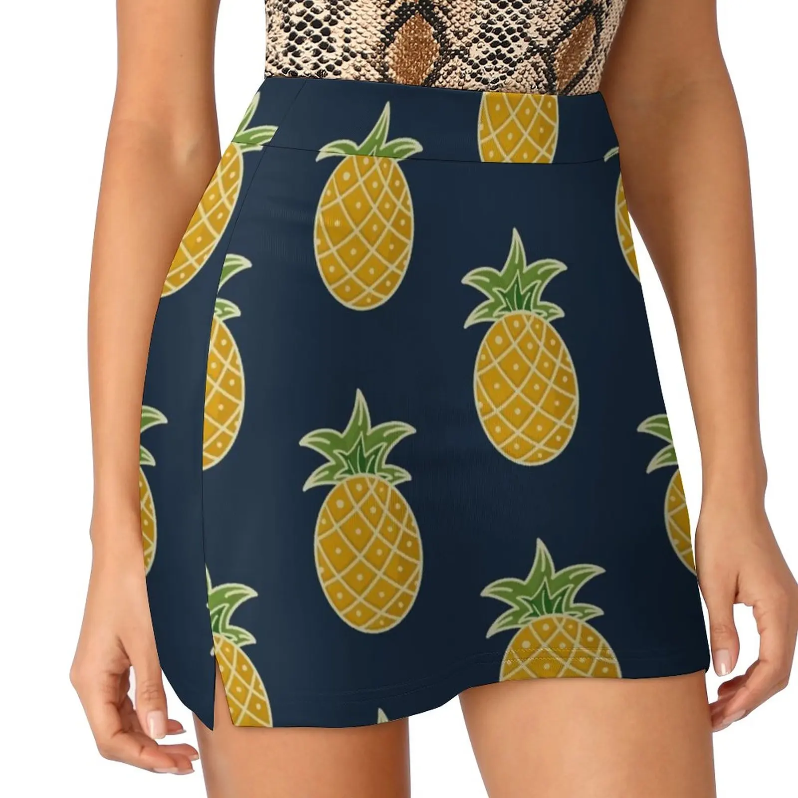 Pineapple-Navy Women's skirt Mini Skirts A Line Skirt With Hide Pocket Ananas Beach Vibes Blue Botanical California Colorful