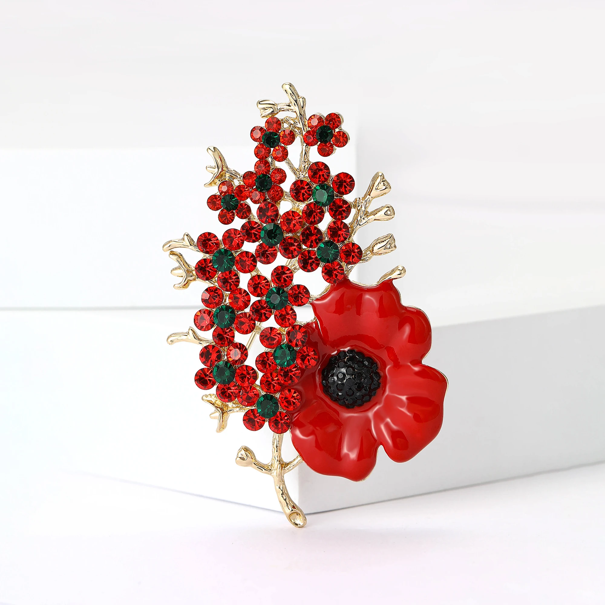 Enamel Rhinestone Poppy Flower Brooches for Women Unisex Plant Pins Casual Party Accessories Gifts