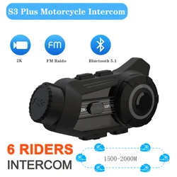 Motorcycle 2K HD Camera Helmet Bluetooth Video Headset BT5.1 1500M 6 Rider Group Interphone Communicator IP65