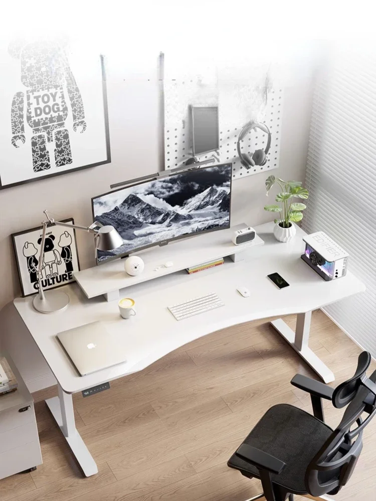 

White Computer Desk Double Workbench Desk Smart Electric Lifting Table