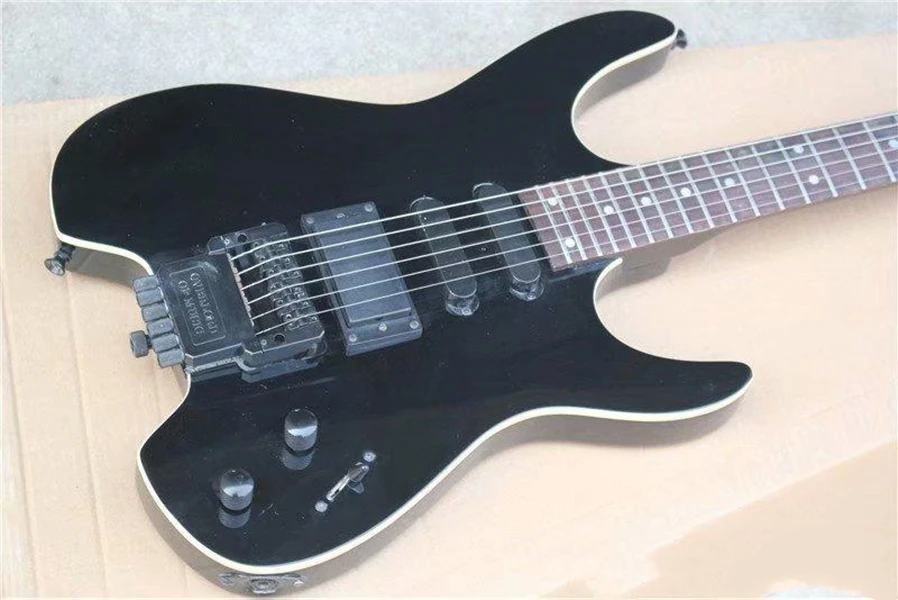 Flyoung 6 Strings Headless Black Electric Guitar with 24 Frets,Body Binding,Offer Customize