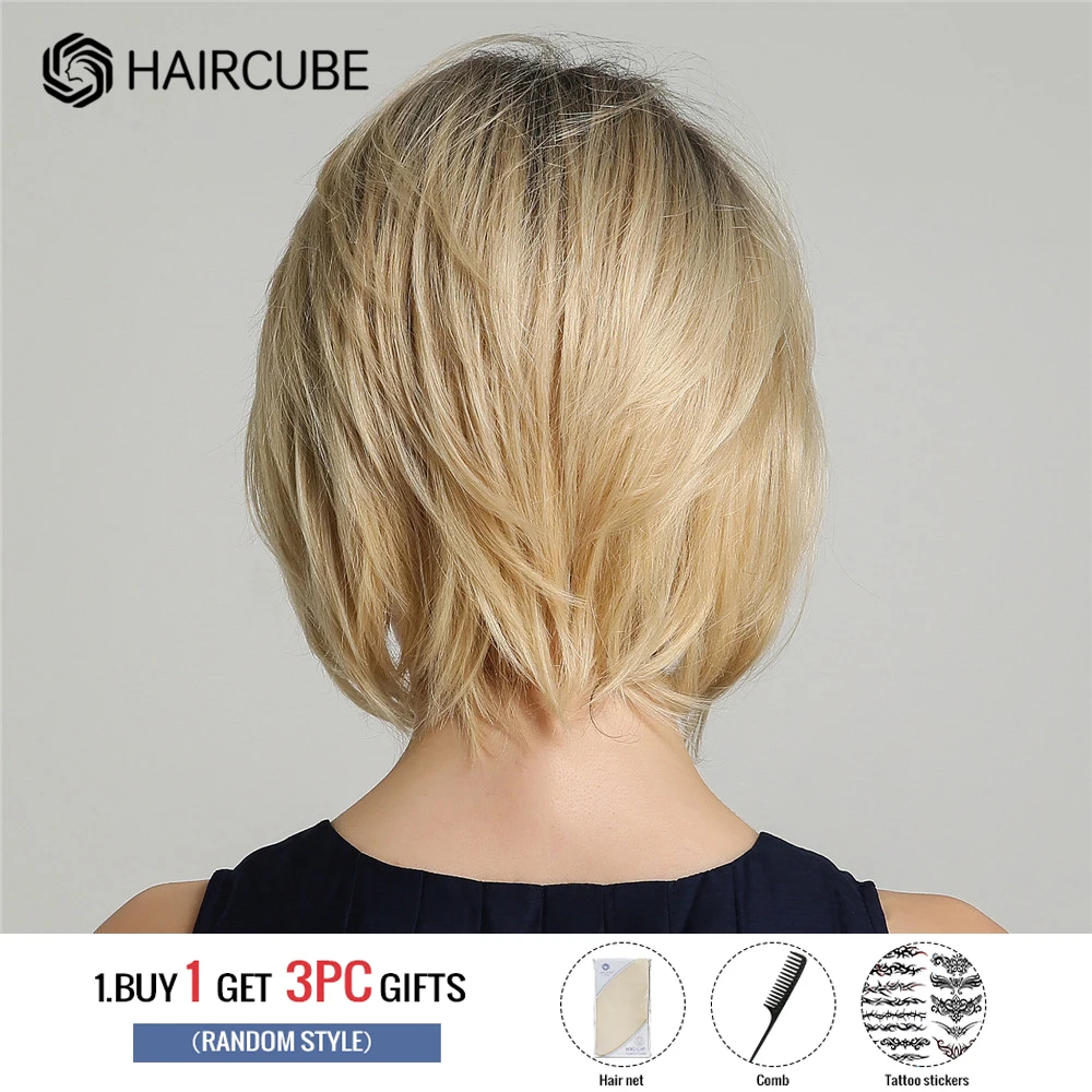 HAIRCUBE สั้น Ombre วิกผมสีบลอนด์ Bangs สำหรับสีขาวธรรมชาติทุกวัน Bob Wigs มนุษย์ผสมเส้นใยสังเคราะห์ความร้อนทน