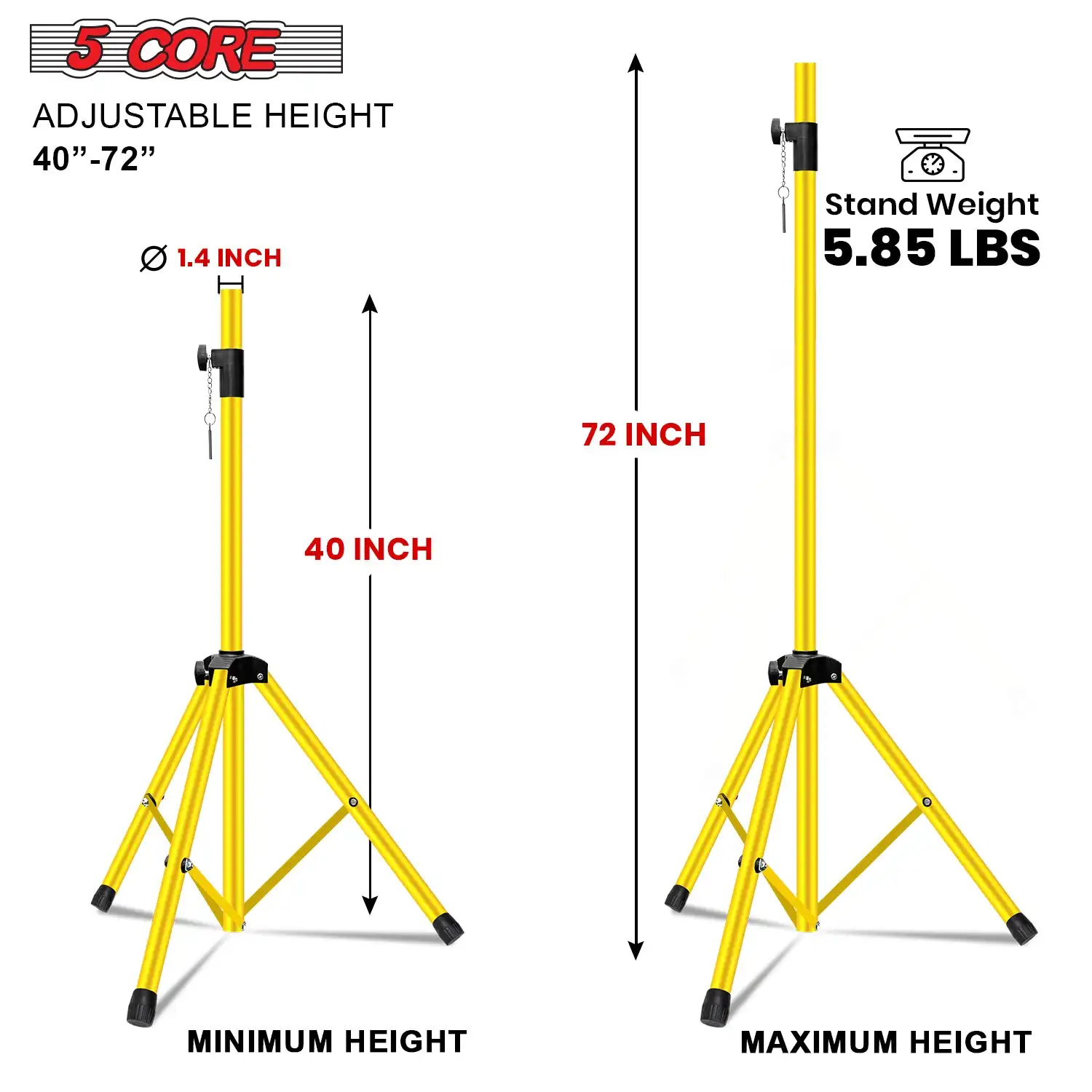 5 Core Speaker Stand Tripod Tall Adjustable 72 Inch DJ Pole Mount Studio Monitor Stands SS HD 2 PK YLW BAG