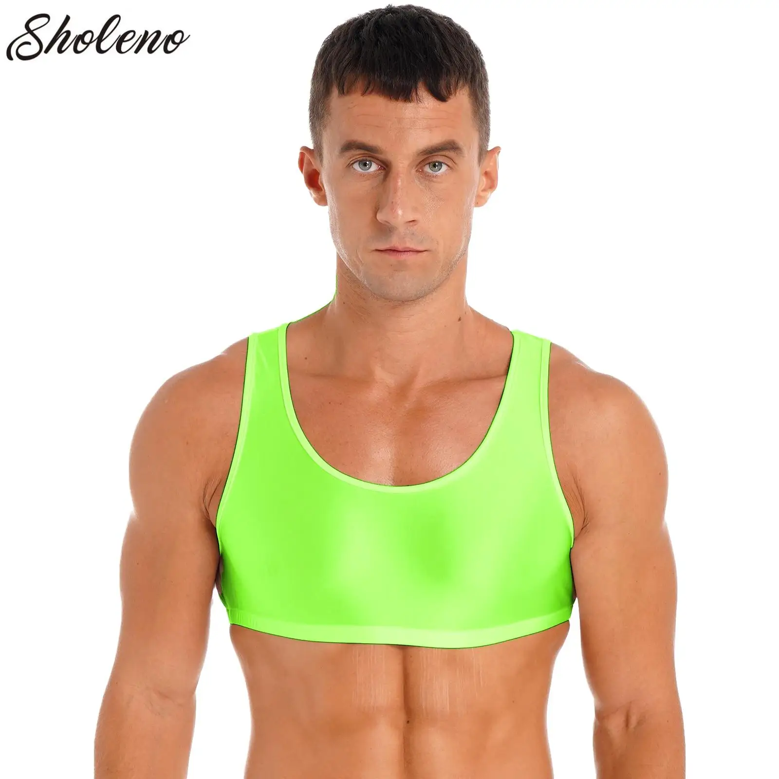 

Mens Glossy Cropped Tank Top Solid Color Sleeveless Vest Tops Sports Gymnastics Workout Yoga Fitness Tops Swimwear Nightwear