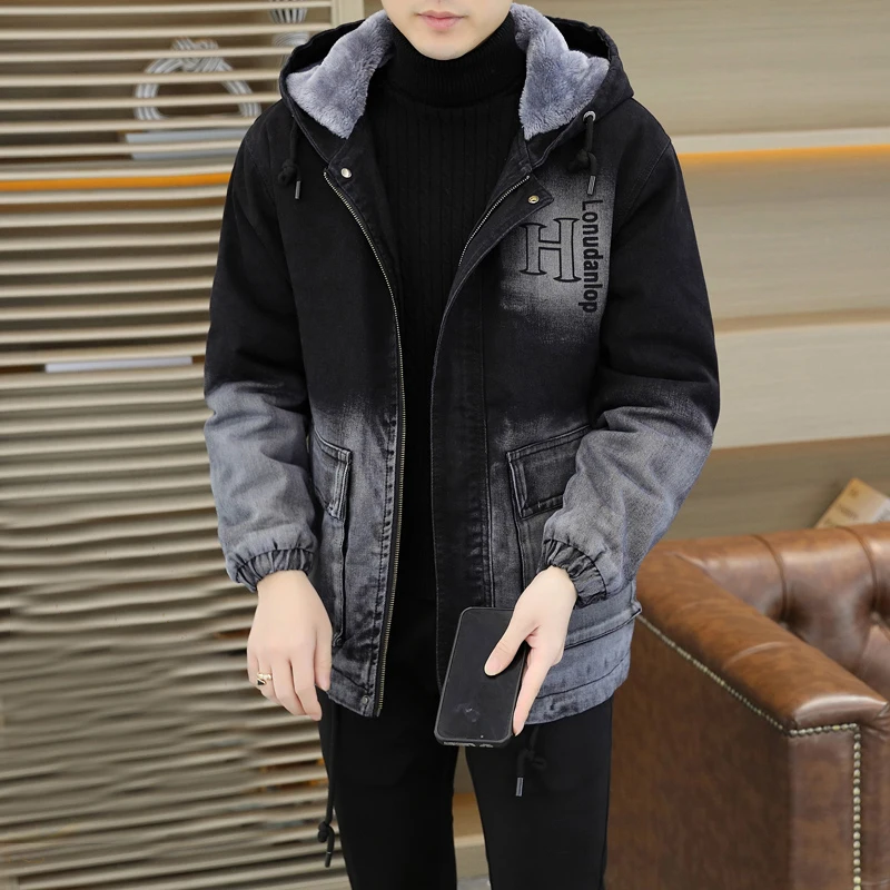 Fashion Thicken Plush Liner Warm Hooded Denim Jacket 2025 Winter Casual Men's Fleece Coat Outwear Windproof Jean Parkas Clothing