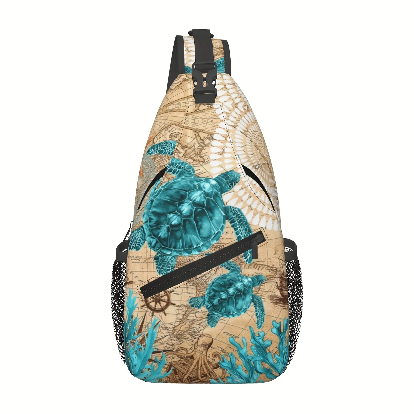 Vintage Nautical Charts and Sea Turtle Crossbody Chest Bag Shoulder Folding Large Capacity for Shopping Leisure Travel Beach