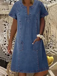 Summer Women Denim Dresses 2023 New Arrival Short Sleeves Loose A-Line Dresses V-neck Solid Denim Dresses