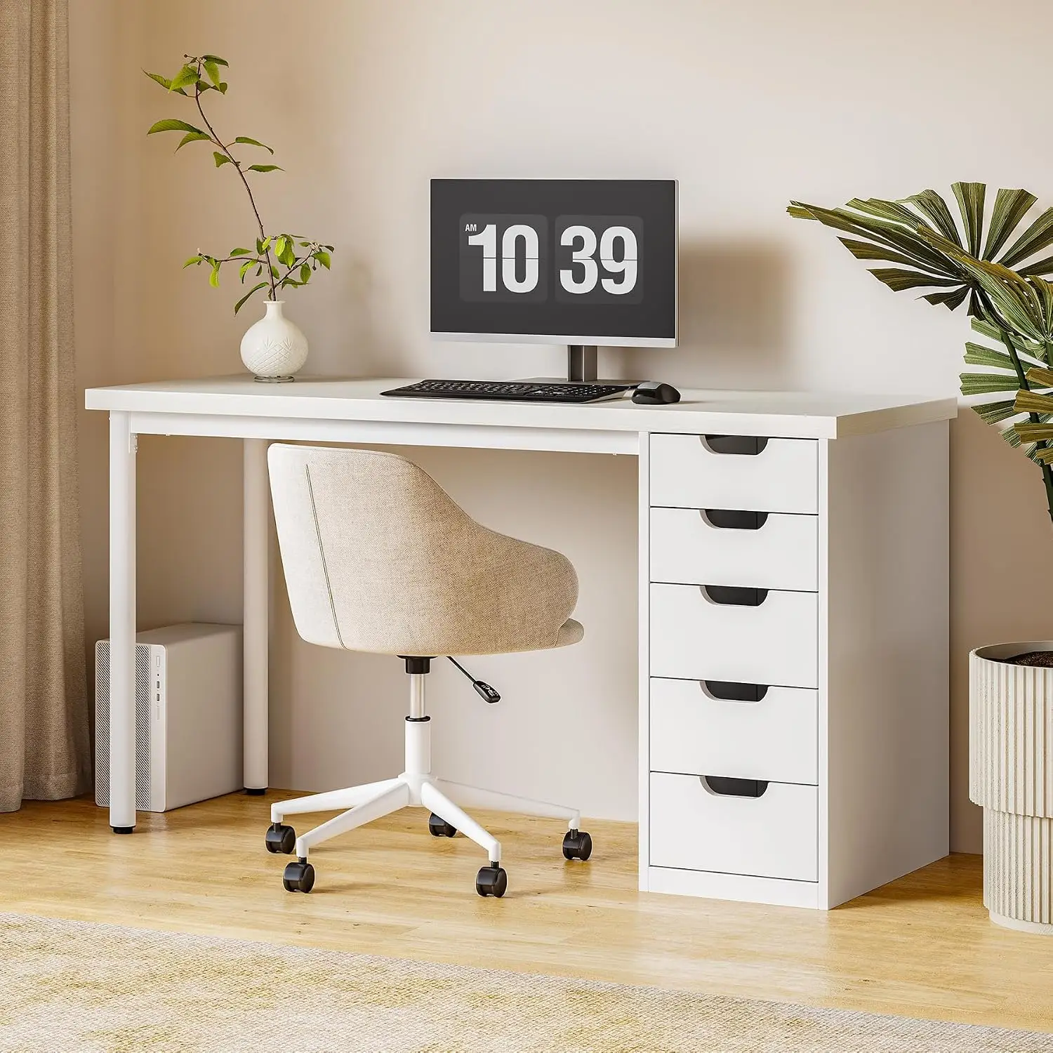 White Modern Computer Desk with 5 Drawers & Metal Frame, 47 Inch Simple Study Writing Work Desk for Home Office, Customized