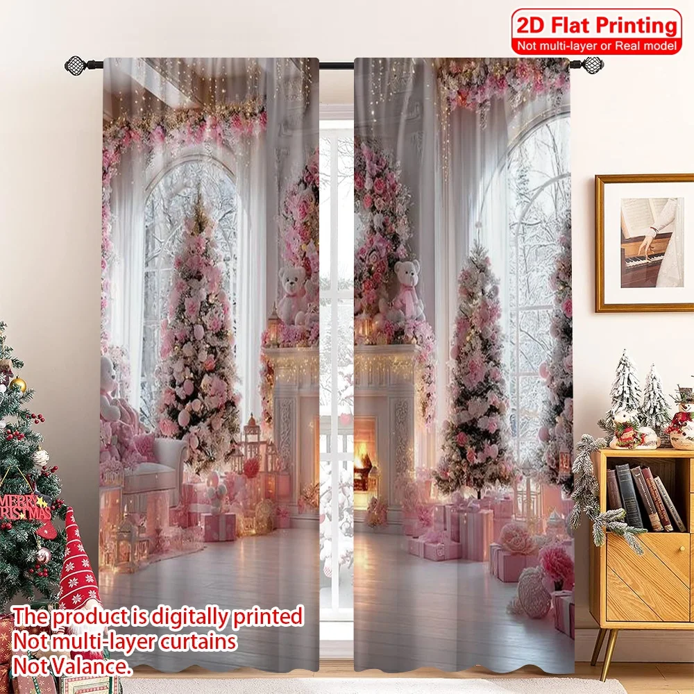 

2pcs 2D flat printing Christmas Drapes Pink fireplace Machine Washable Fabric Without Electricity Spring Party & Holiday Decor