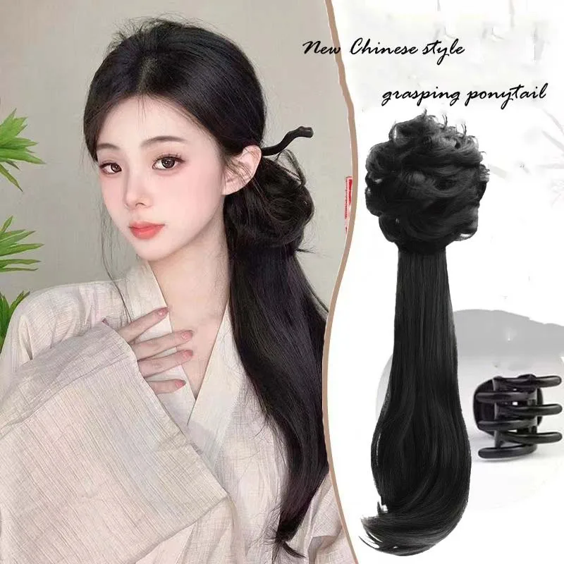 Synthetic Wig Ponytail With Grasping Clip in Female New Chinese Style Claw Clip Hairpieces Side Tied With Low Fluffy Ponytail