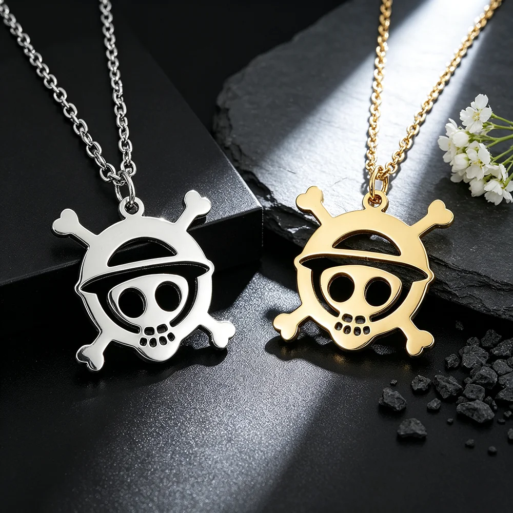 One Piece Straw Hat Jolly Roger Skull Crossbones Pendant Necklace, Stainless Steel Hollow Pirate Logo Necklace Cosplay Jewelry