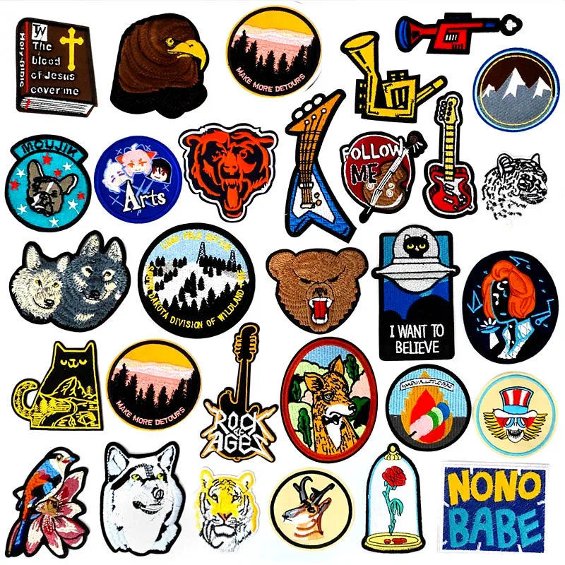 Bear Tiger Wolf Bird Patches Embroidery For T-Shirt Iron On Appliques Clothes Jeans Stickers Badges Musical Instrument Guitar