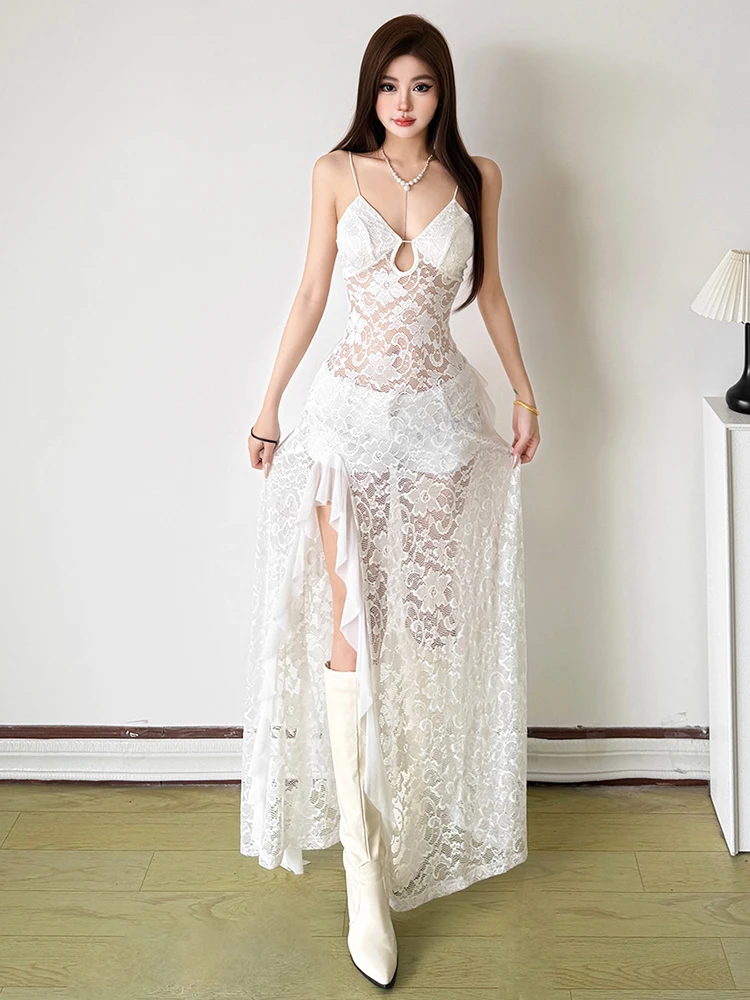 Nibber Sexy See Through Lace Sleeveless Long Dress Women Patchwork Summer Backless V-neck Side Slit Party Evening Maxi Vestidos