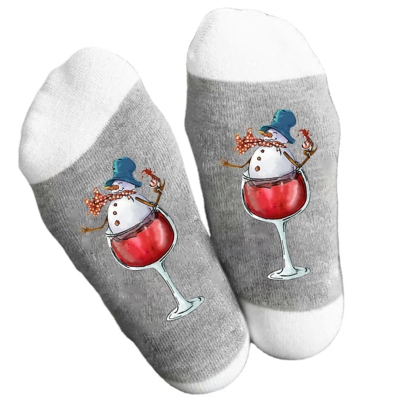 Snowman in Wine Glass Pattern Cotton Socks for Christmas Outfit Men's Holiday Festival Middle Calf Socks Hosiery