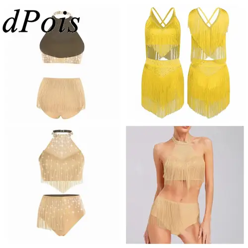 Imagen 1 del producto Trajes Cha Cha para mujer, traje de baile latino de Salsa con flecos, Top corto con falda de borlas, ropa de práctica puesta en escena, 2 piezas