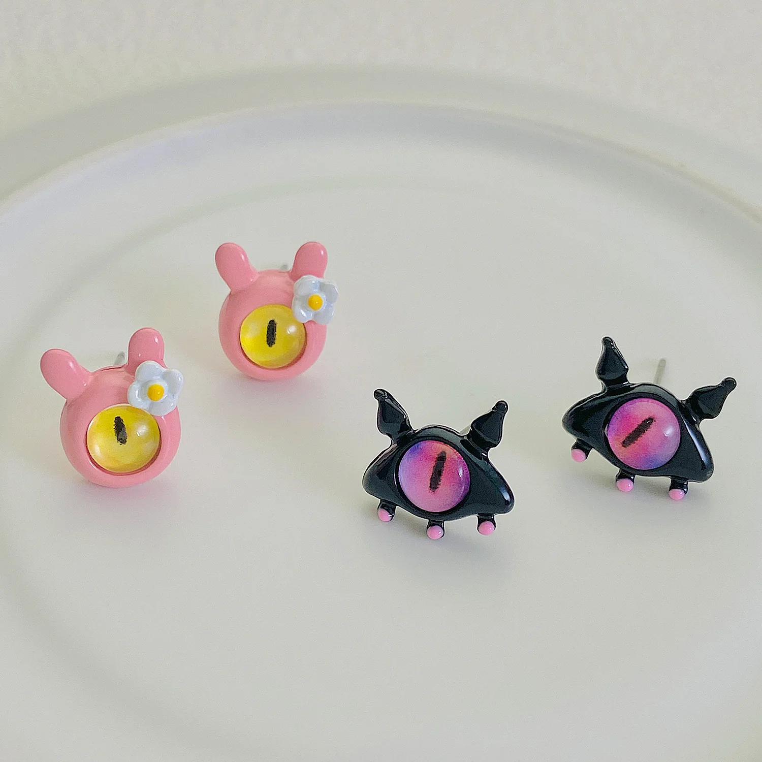 New Silver Needle Cartoon Cute Little Monster Cat Eye Stone Earrings Niche Design Sense Of Childish New Wave Earrings