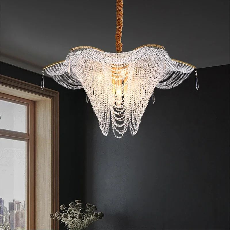 Modern Luxury Full Copper K9 Crystal Bead Large Chandelier for Living Room Retro Villa Hanging Lamp Indoor Decor Lustres Fixture