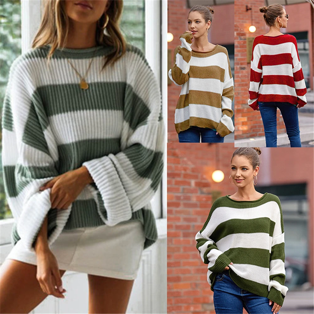 

Women's Rolled Edge Sweater, Round Neck, Stripe Color Block Knitwear, New Fashion, Autumn and Winter, 2023