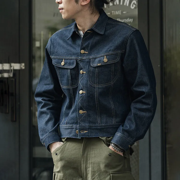 100% Cotton Washed Raw 13.5oz Shrink-to-Fit Denim 101J Cropped Denim Jacket for Men American Vintage Rider Jacket