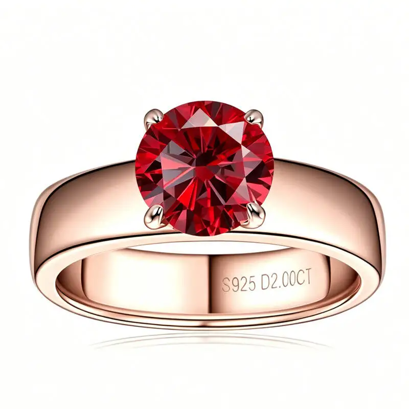 925 Silver Round Cut D VVS1 Moissanite Four Prong Solitaire Rose Gold Color Ring Classic Wedding Band Fine Jewelry For Women
